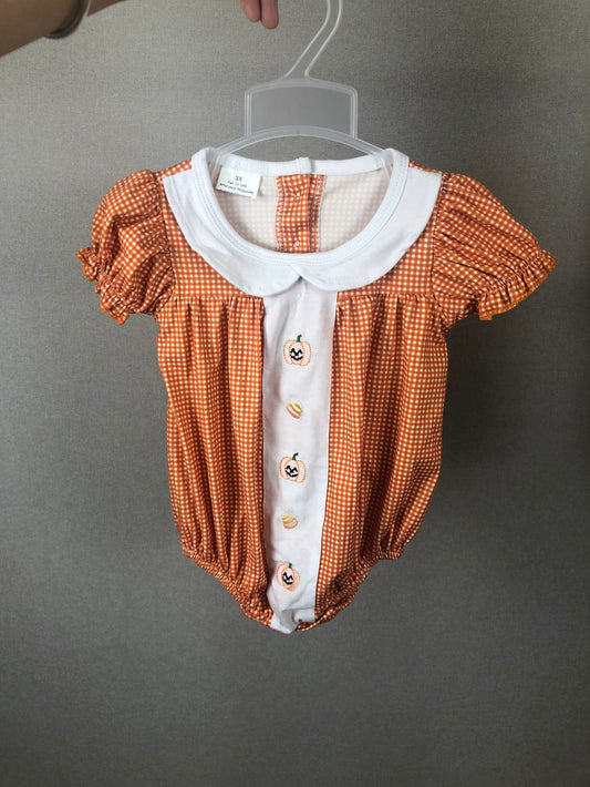 orange gingham pumpkin embroidered bubble halloween rompers