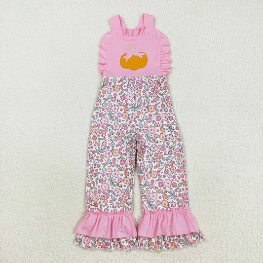 pumpkin embroidery pink floral strap ruffles jumpsuit