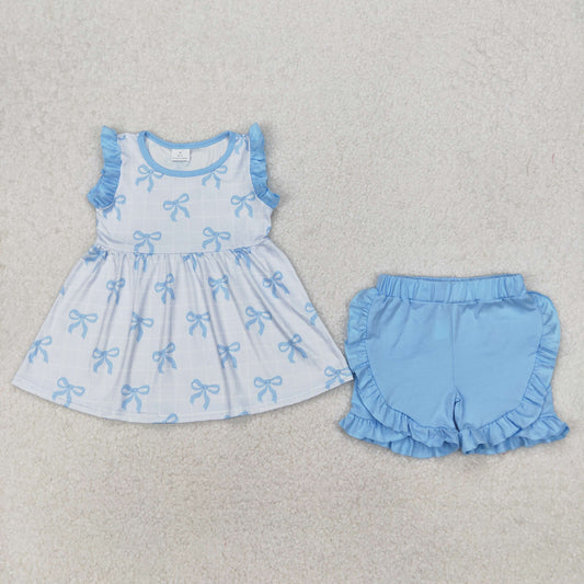 sleeveless blue bow ruffle shorts set