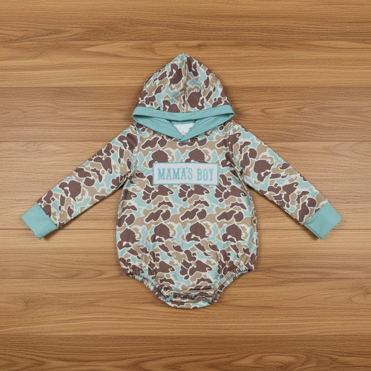 mama's boy embroidery camo hooded romper