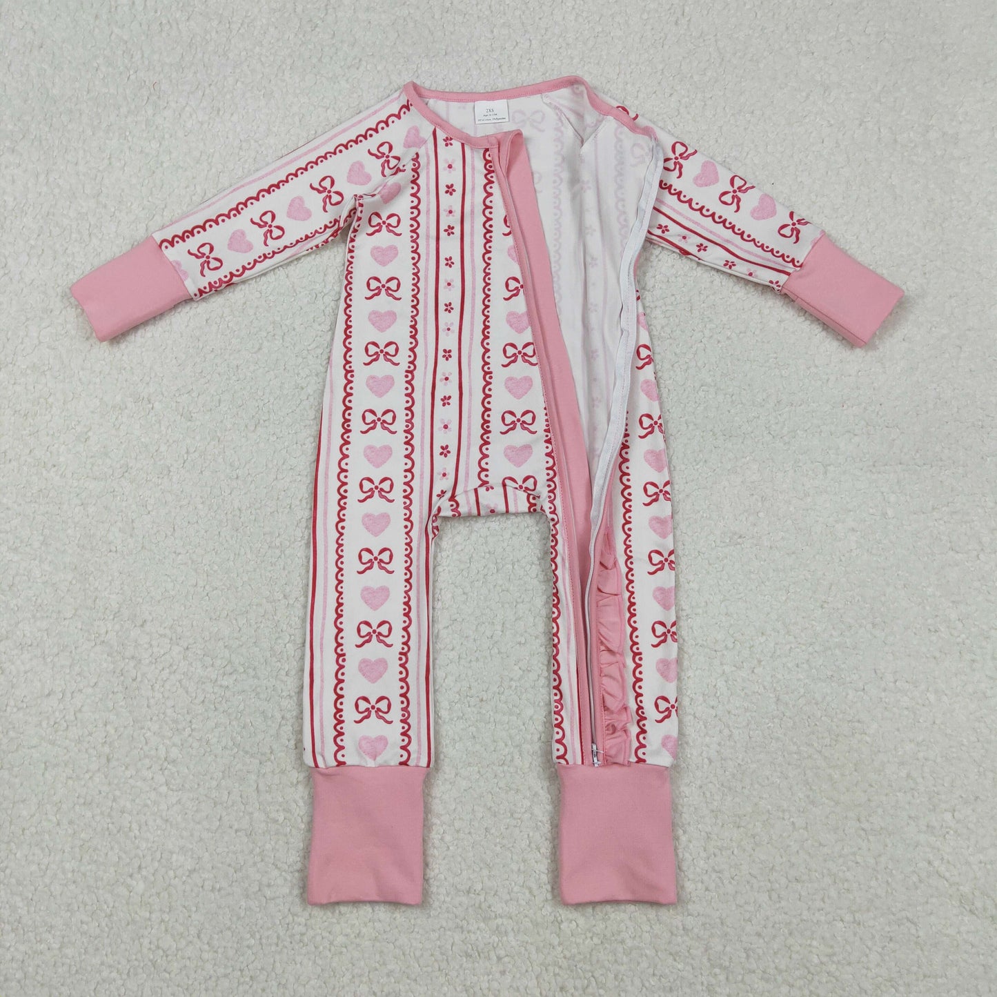 pink heart bow valentine girl zipper sleeper