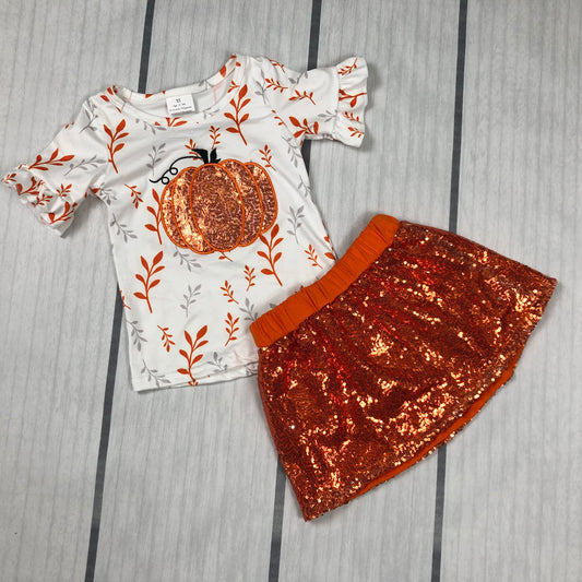 pumpkin embroidery orange sequins skirt set outfit