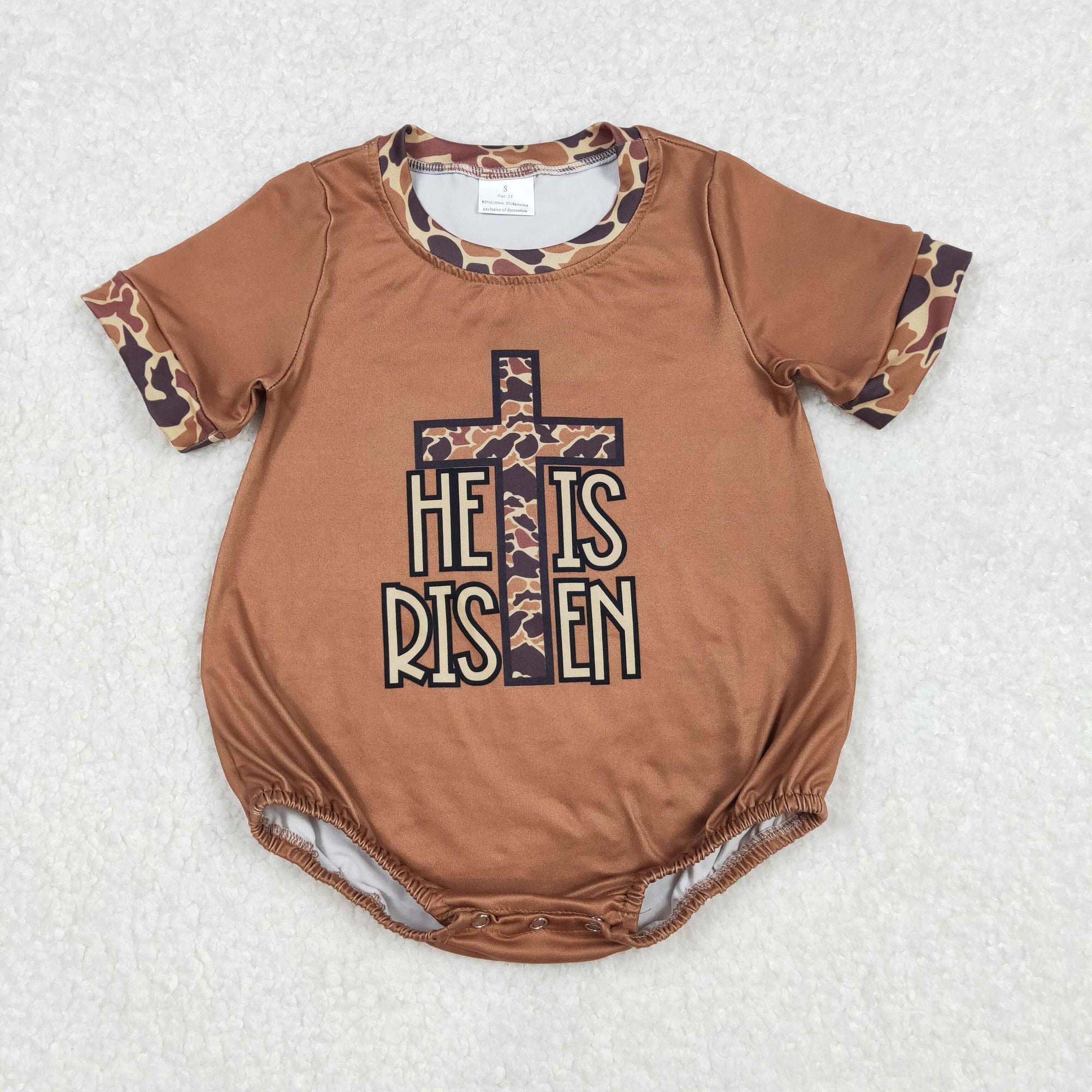 cross he is risen brown shorts sleeve boys bubble
