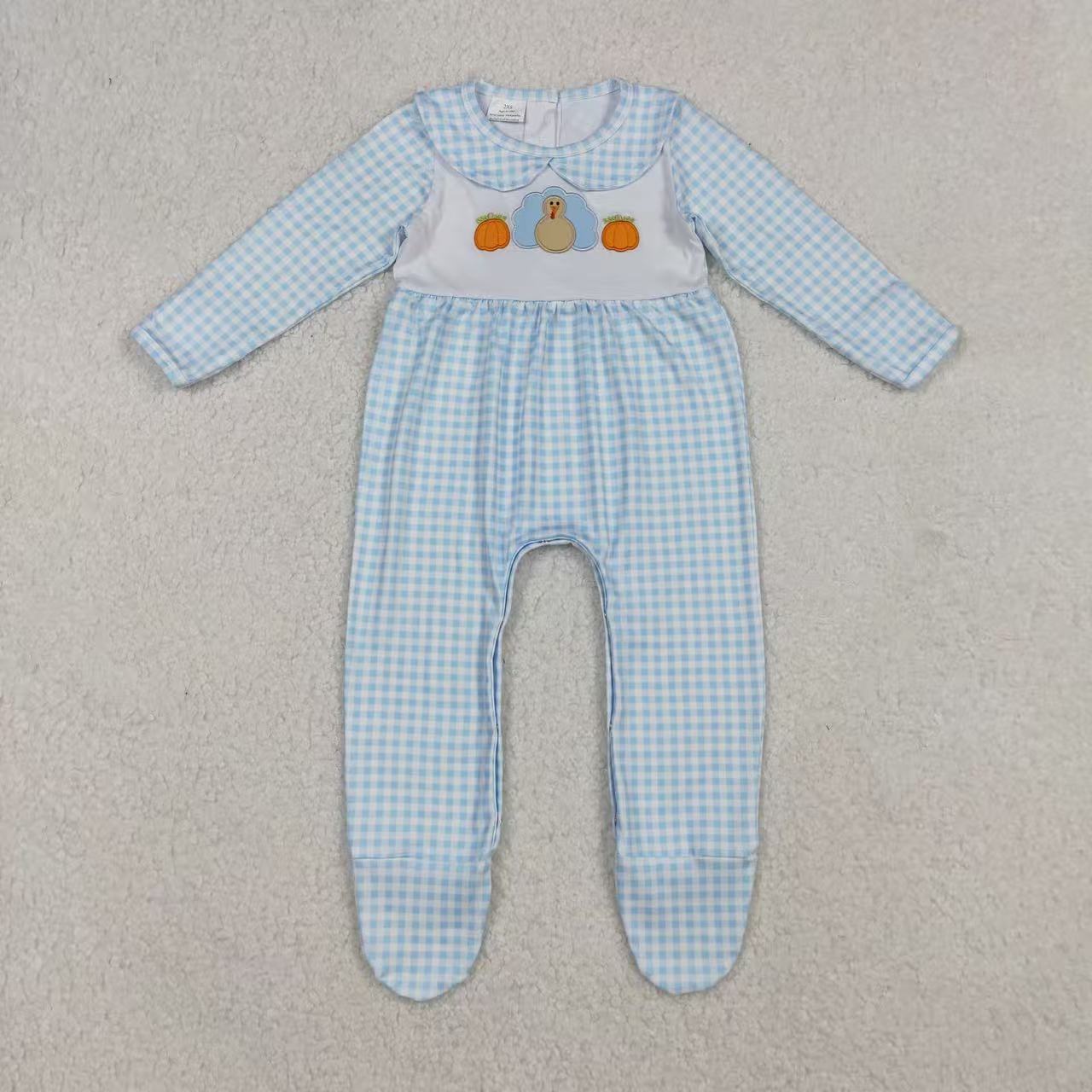 blue gingham turkey embroidery footie romper thanksgiving day infant boy clothes