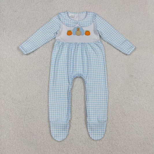 blue gingham turkey embroidery footie romper thanksgiving day infant boy clothes