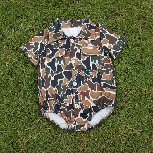 camo button romper with pocket