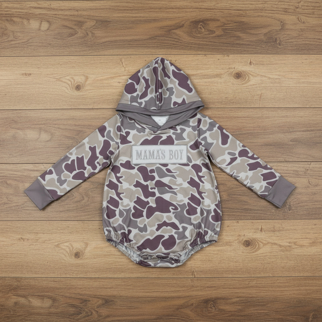 mama's boy embroidery camo hooded romper