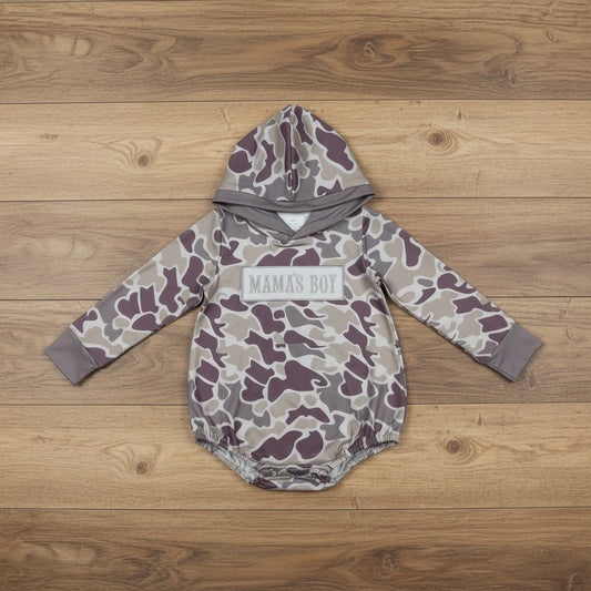 mama's boy embroidery camo hooded romper