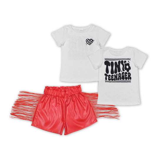 white tee red leather shorts set girl outfits