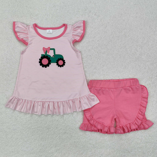 baby girl clothes pink tractor embroidery ruffle shorts set