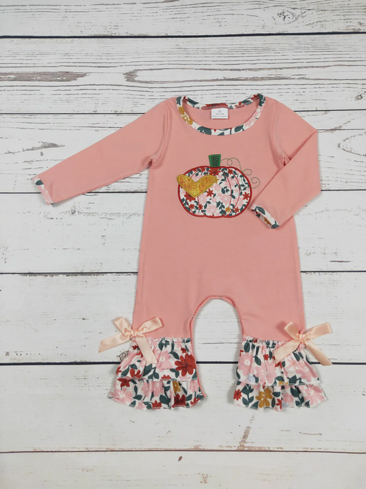 Pink pumpkin embroidery baby fall ruffle romper