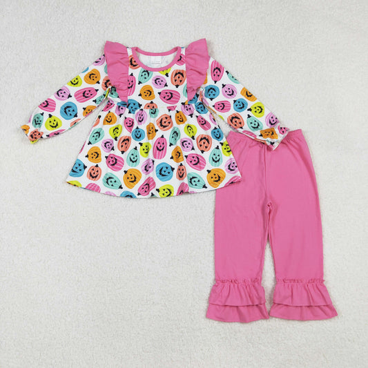 long sleeve halloween pumpkin pink ruffle pants set