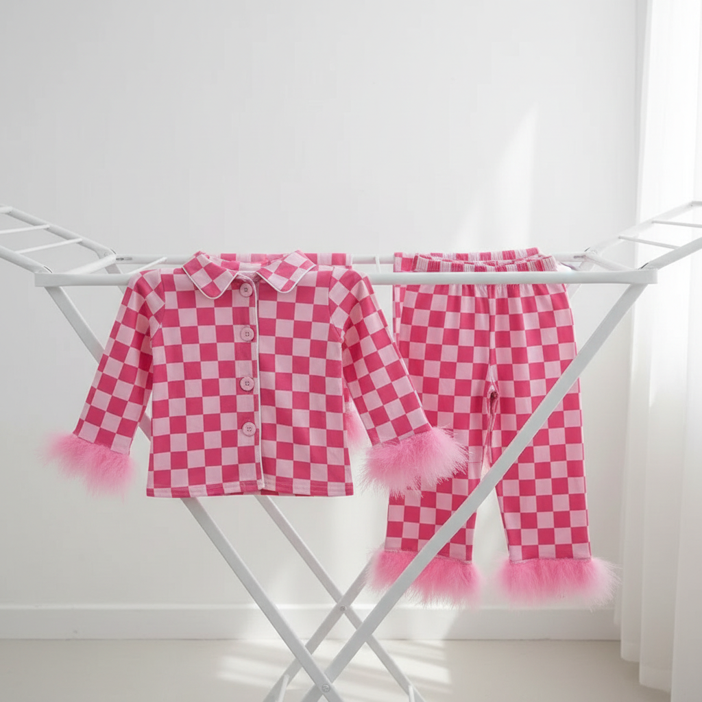 pink checkered girl button pajama set