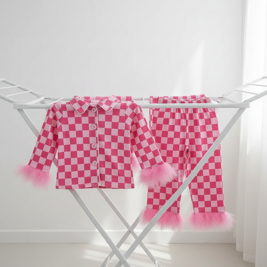 pink checkered girl button pajama set