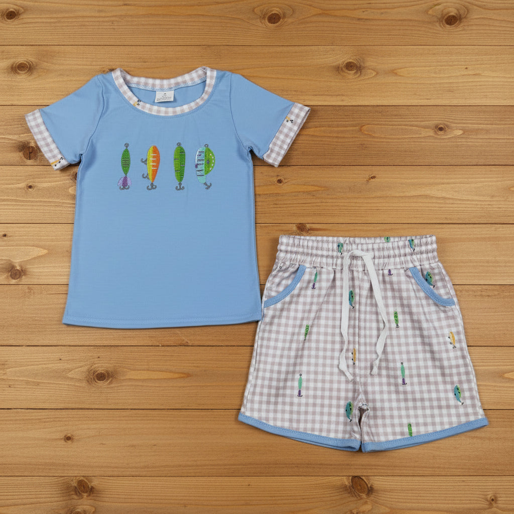 blue fish hook embroidery boy shorts set