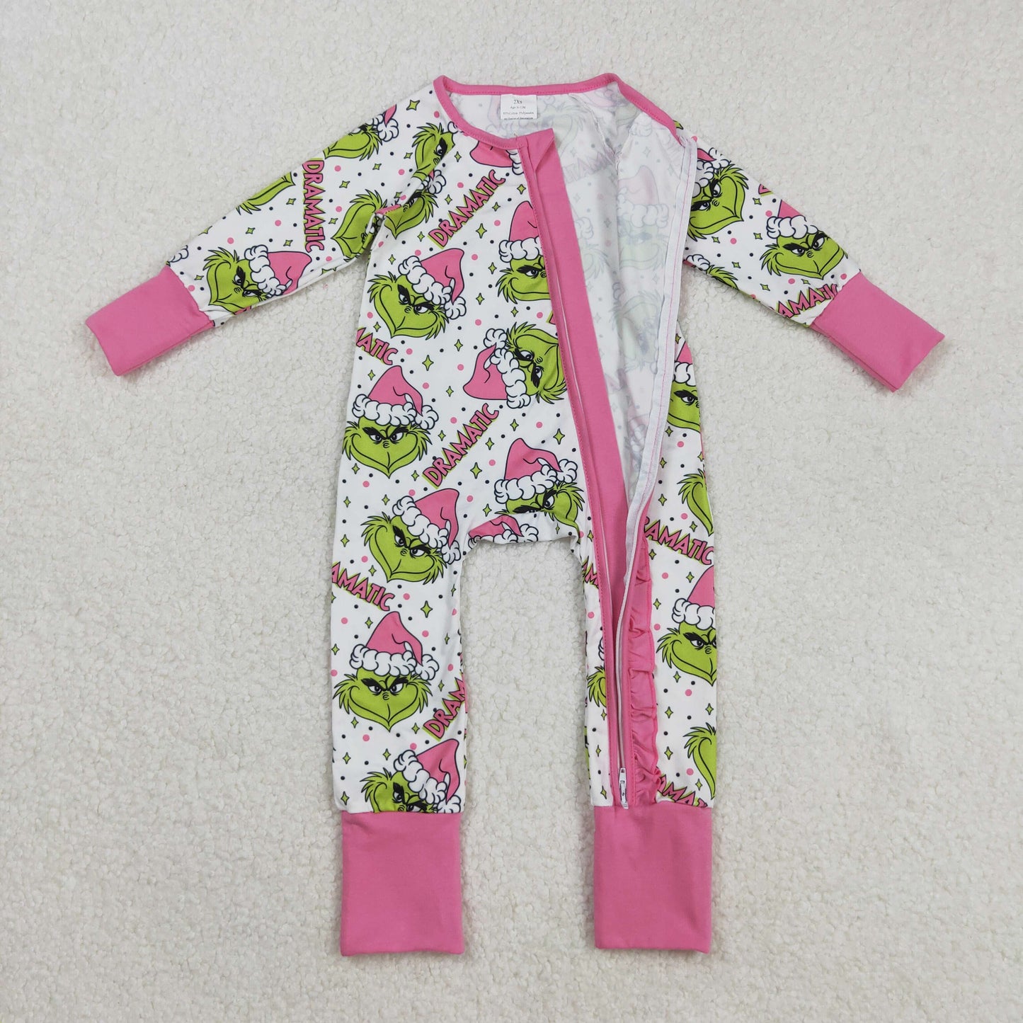 Christmas dramatic gri*ch pink ruffle zipper sleeper