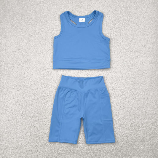 kids girl yoga suit solid blue athletic tank shorts set