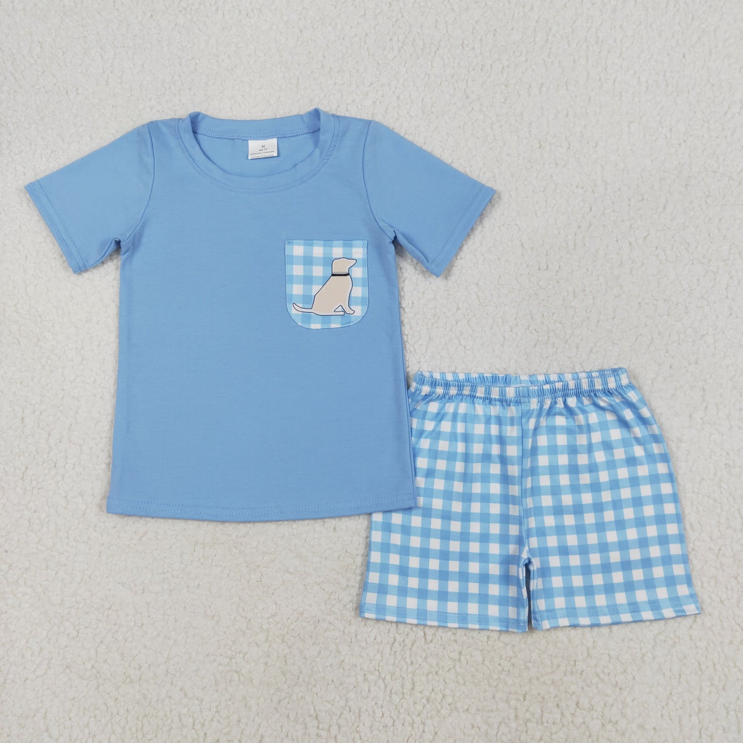 dog print pocket blue boys shorts set