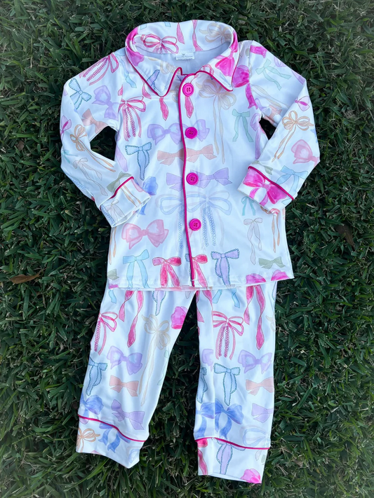 colorful bows button down pajama set