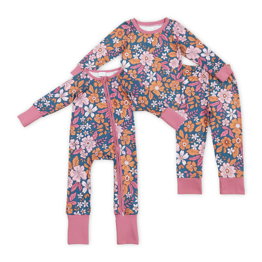 Fall Flower Print Girls Sibling Pajamas