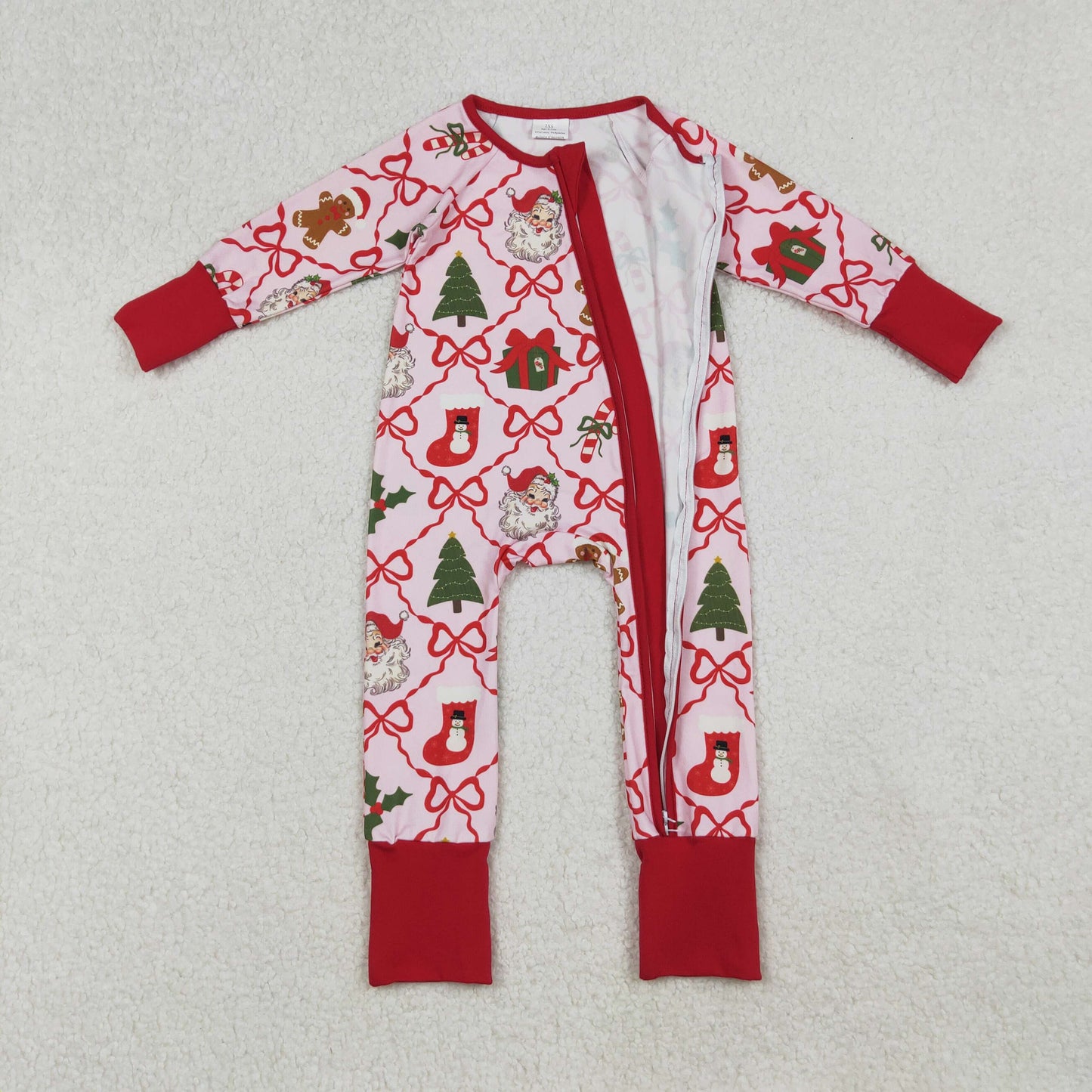 santa coquette bow trellis Christmas baby girl zipper sleeper pajama