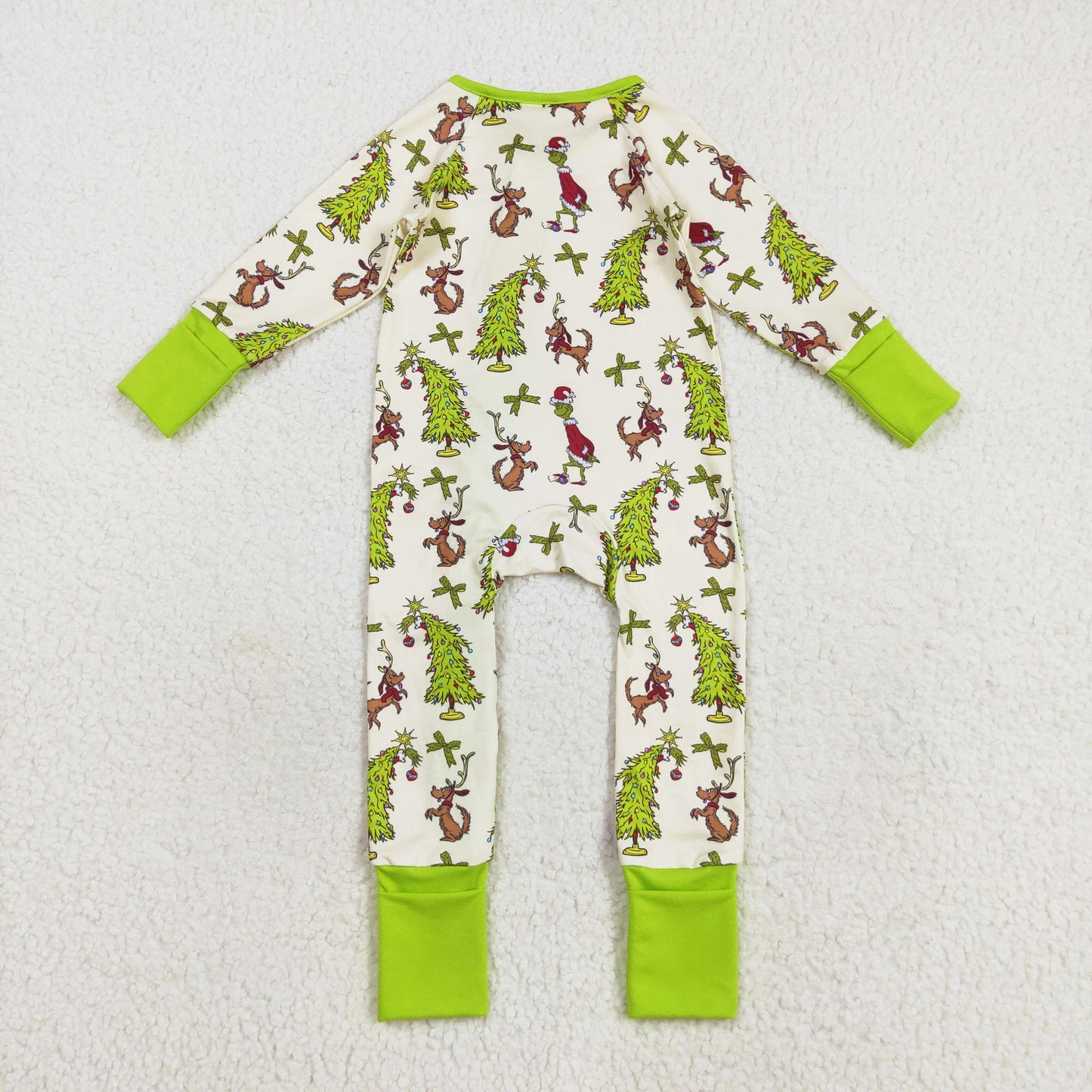 long sleeve green tree bows gri*ch dog print boy sleeper