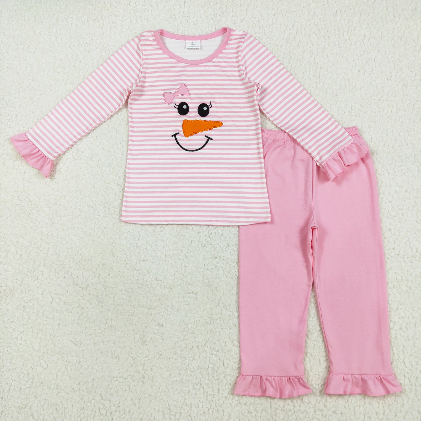 pink stripes snowman embroidery pajama set
