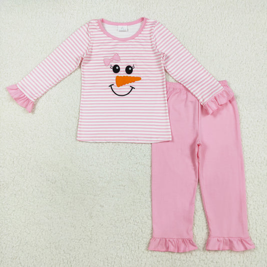 pink stripes snowman embroidery pajama set