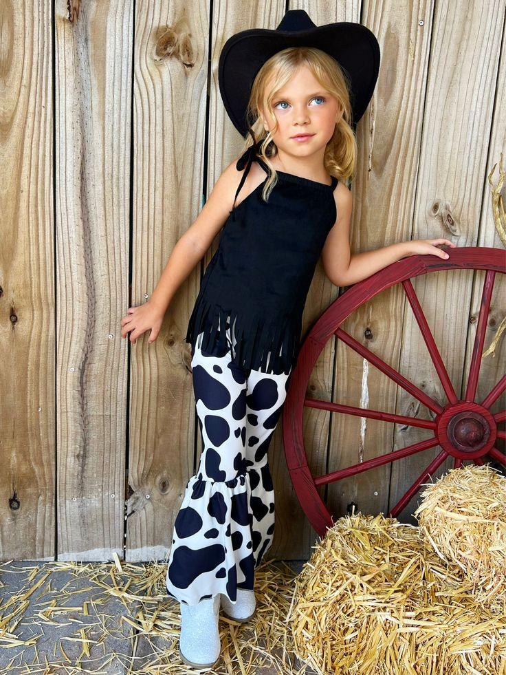 Black suede sleeveless fringe top /cow print bell bottoms 2pc set