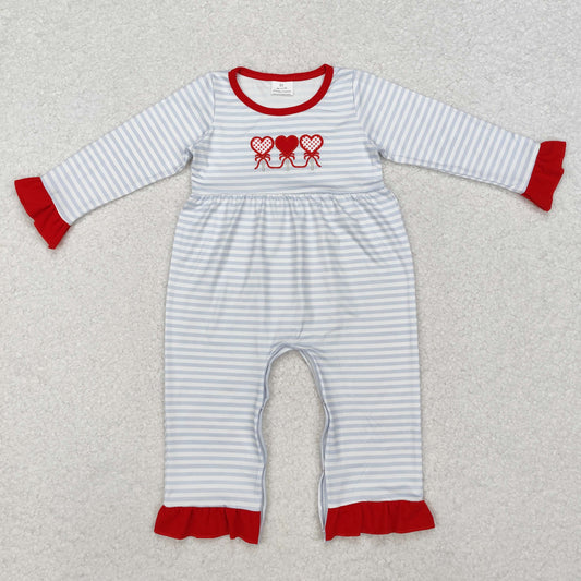 valentine heart embroidered gray stripes romper