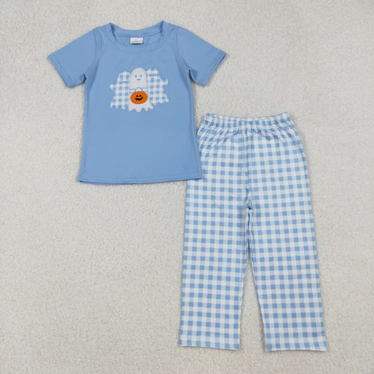 blue halloween boo ghost embroidery baby boy short sleeve pants set