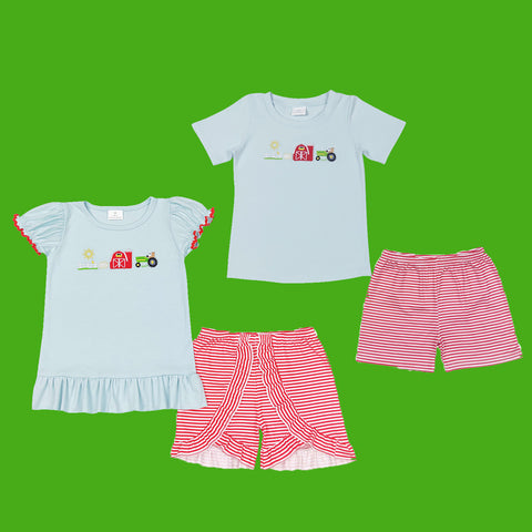Farm Life Embroidery Shorts Set Sibling Clothes