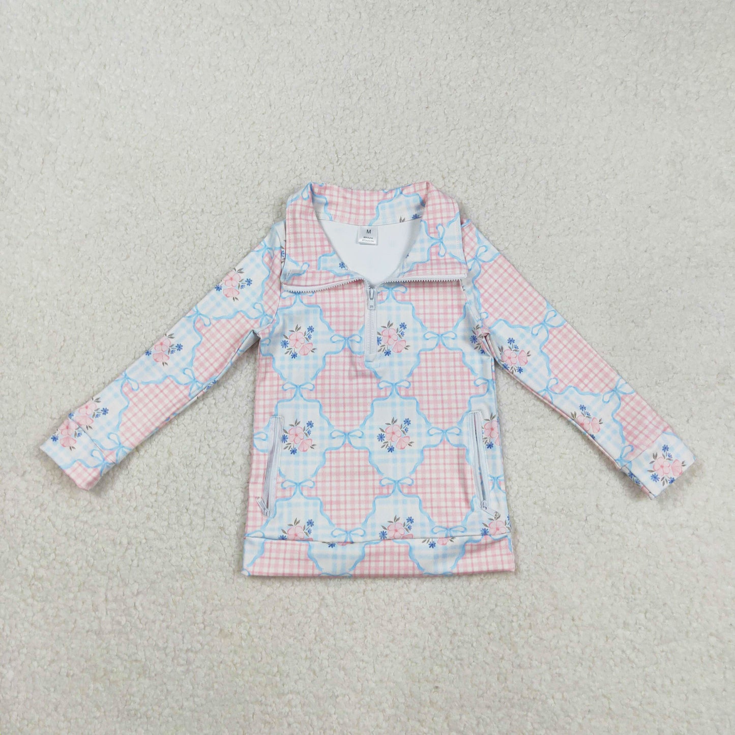 blue bow floral plaid zip pullover girls top clothes