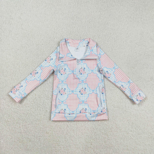 blue bow floral plaid zip pullover girls top clothes