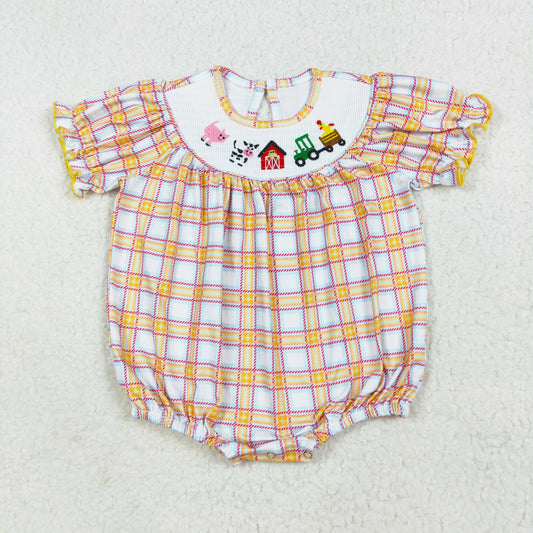plaid farm life embroidery smock bubble