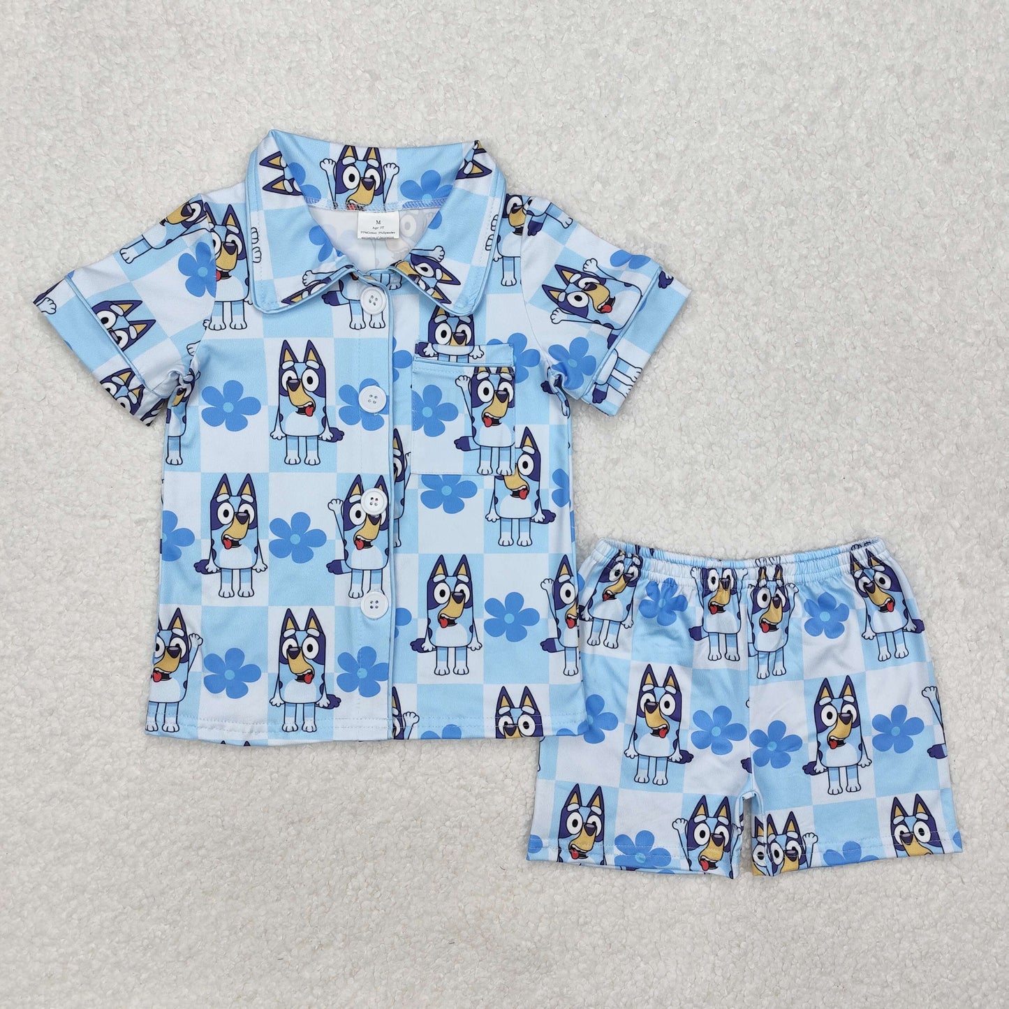 cartoon dog blu*y print button down shorts pajama set