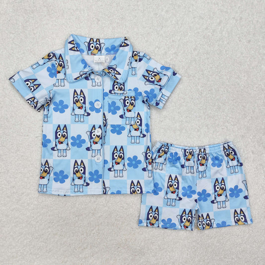 cartoon dog blu*y print button down shorts pajama set