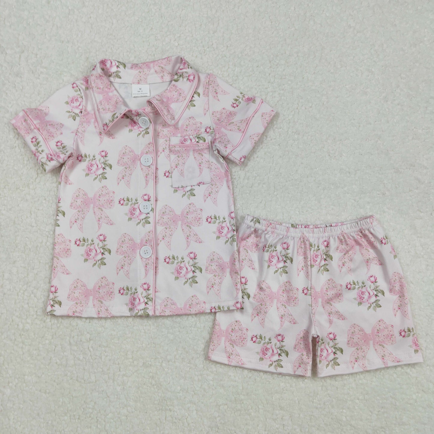 pink floral coquette print button down shorts pajama set