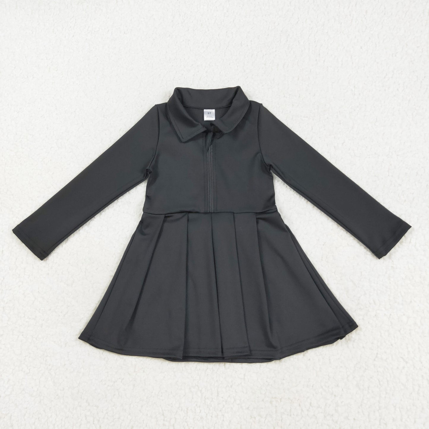 Long sleeves black zipper pleated polo dress