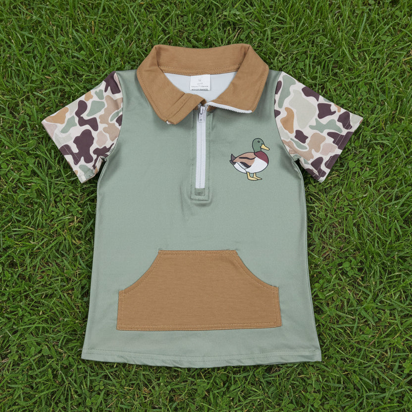 green duck print camo zipper pullover polo shirt