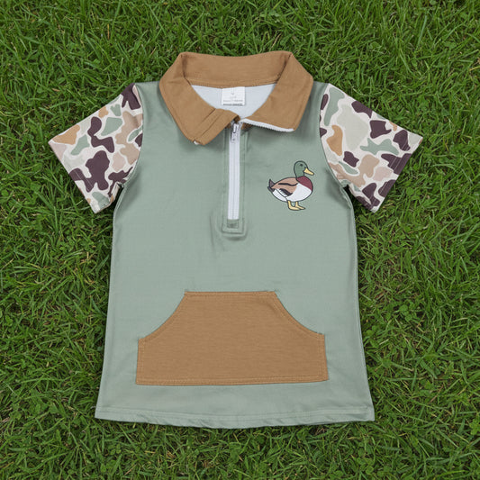 green duck print camo zipper pullover polo shirt