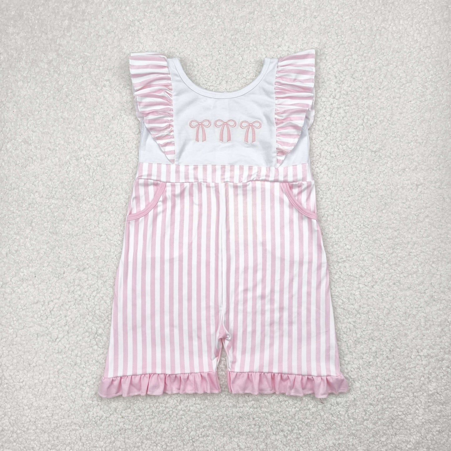 pink striped bow embroidery shorts jumpsuit