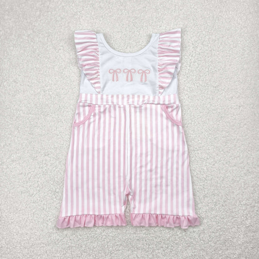 pink striped bow embroidery shorts jumpsuit