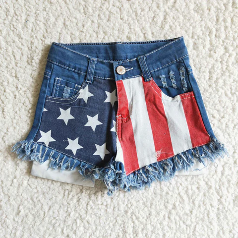 NC0003 USA Warehouse Star Stripe 4th of July Girl Denim Shorts