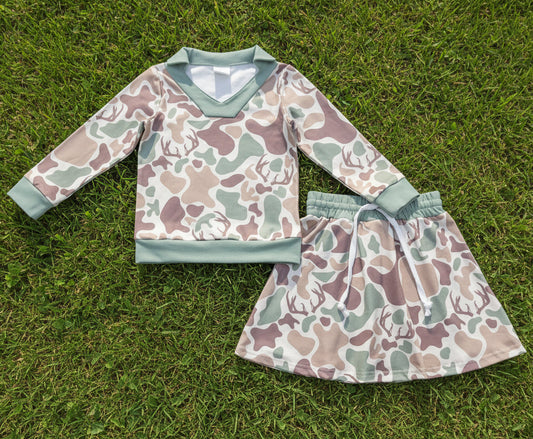long sleeve deer camo pullover skort set outfit
