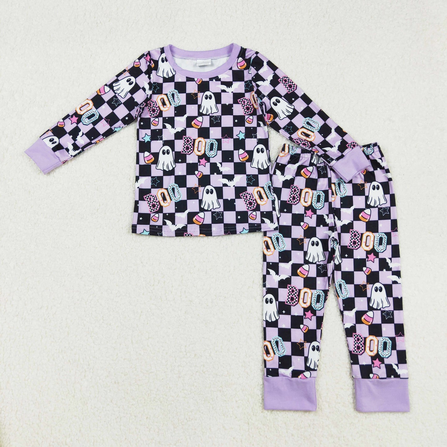 black purple checkered boo Halloween pajamas