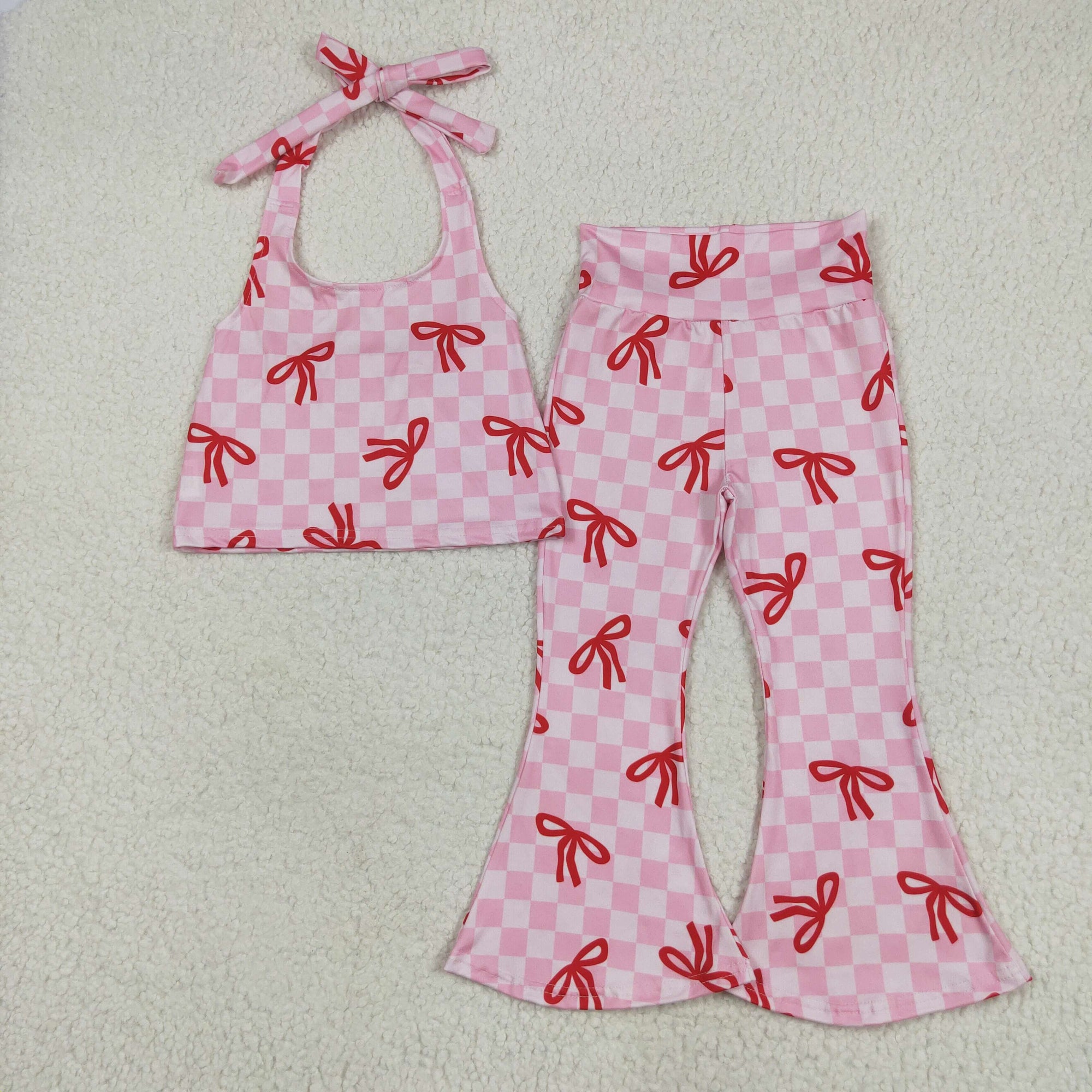 checkered bow halter bell bottom pants set