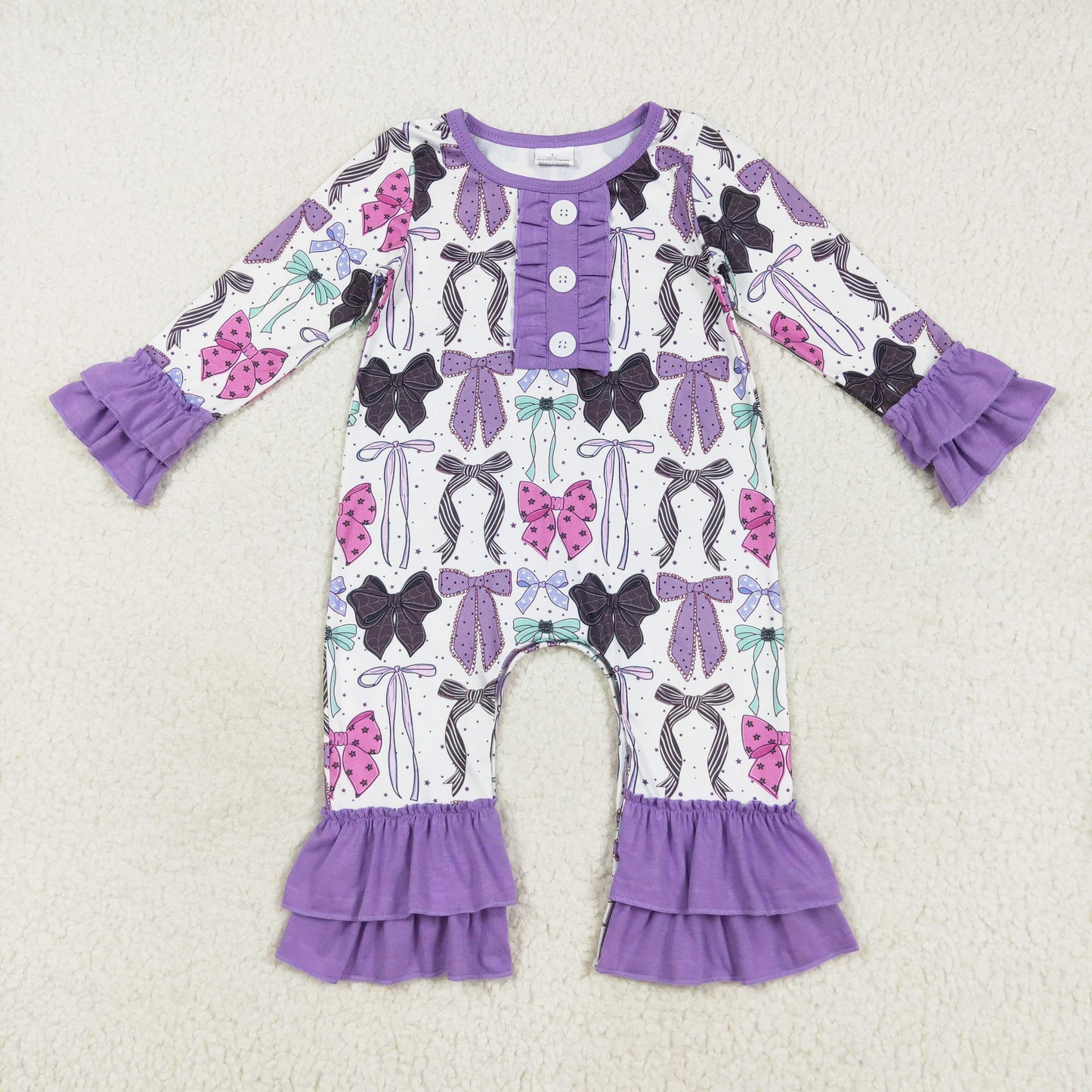 purple bow coquette ruffle romper