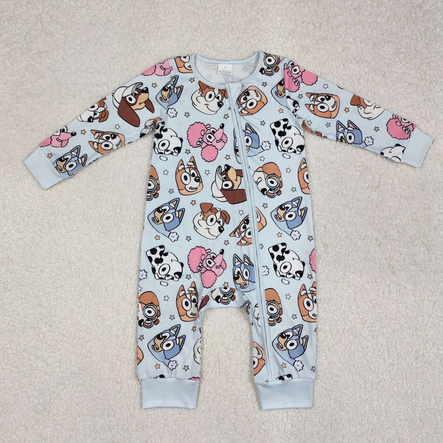 cartoon dog blu*y print long sleeve zip sleeper baby clothes