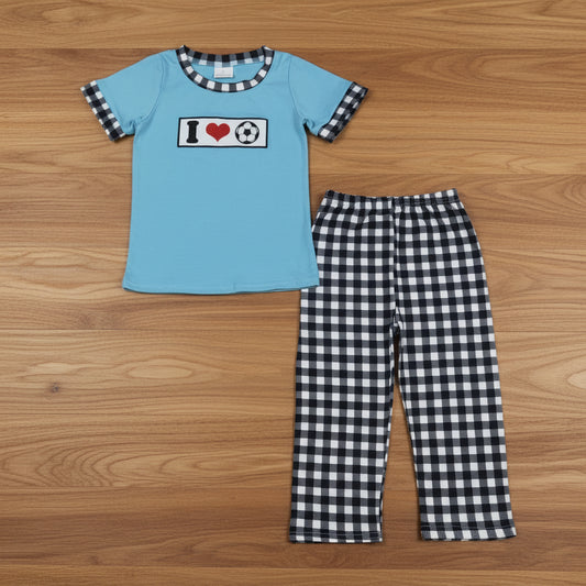 i love soccer embroidery boy pants set outfit